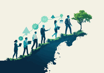 Team Climbing Hill Towards Business Success, Minimalist Illustration Depicting Growth Strategy and Teamwork in Office Setting, Daytime with Motivational Theme