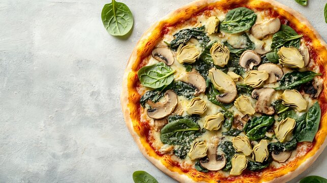 Vegetarian pizza with spinach, mushrooms, and artichokes, isolated on a light stone background