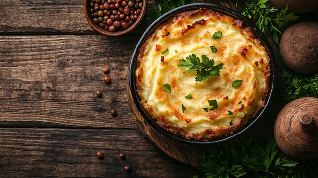 Vegetarian shepherd&rsquo;s pie with mashed potatoes and lentils, isolated on a wooden table background