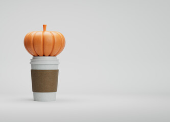 A 3D rendering of a literal pumpkin sitting on top of a disposable latte cup over white background.