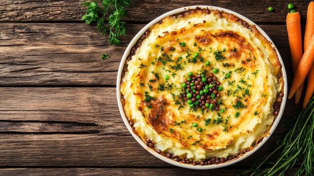 Vegetarian shepherd&rsquo;s pie with mashed potatoes and lentils, isolated on a wooden table background