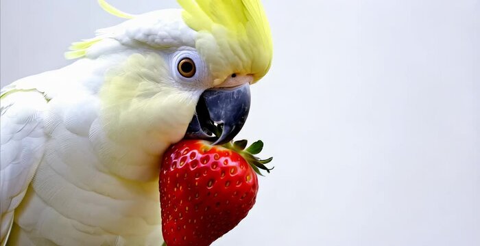 white cockatoo parrot eating strawberries, on white background, copy space