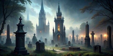 Obraz premium A Gothic Church Towering Over a Foggy Graveyard, Digital Painting, Church, Graveyard, Fog, Cemetery, Gothic