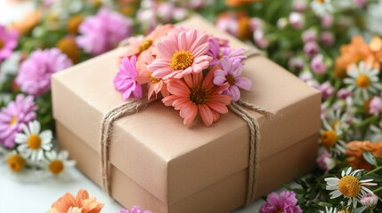 A gift box with a bouquet of flowers on a white background