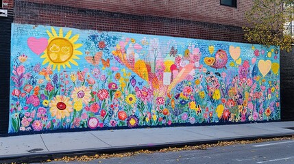 Colorful street mural of vibrant flowers and sun