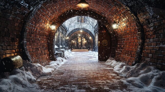 A brick-lined underground speakeasy in a snowy city, its entrance hidden beneath a nondescript doorway, offering a warm and cozy escape with a hint of historical intrigue
