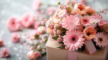 A gift box with a bouquet of pink flowers on a white background