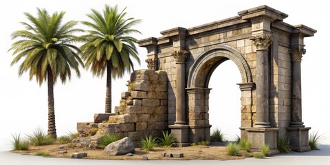Obraz premium Ancient Elegance Crumbling Roman Archway with Intricate Carvings and Palm-Leaf Columns, Framed by Lush Palm Trees Against a Bright White Background, Evoking Timeless History and
