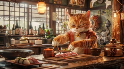 A tabby cat wearing a red kimono prepares sushi in a traditional Japanese kitchen.