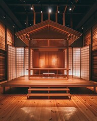 A traditional Japanese stage with wooden architecture and lighting. The stage is empty, ready for performance.