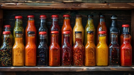 A variety of hot sauces in glass bottles displayed on a wooden shelf.