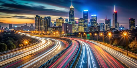 Fototapeta premium Cityscape with Light Trails on a Highway, Night, City, Light Trails, Traffic, Night Photography, Urban Skyline