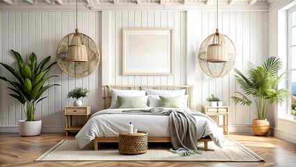 Obraz premium Coastal boho style bedroom interior background, wall mockup, 3d render, white Mock up frame