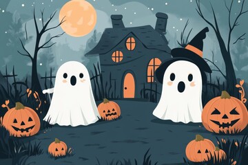 Two Friendly Ghosts Standing in Front of a Haunted House on a Halloween Night