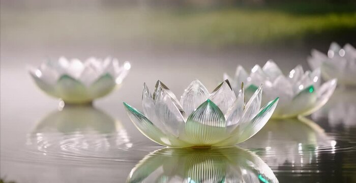 beautiful crystall white transparent shiny lotuses, in the fog, water lily flower in pond, video animated background, copy space