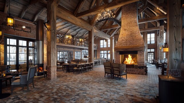 A brick and timber lodge at a ski resort, the combination of materials providing optimal insulation and rustic charm, the lobby fireplace a welcome sight for returning skiers