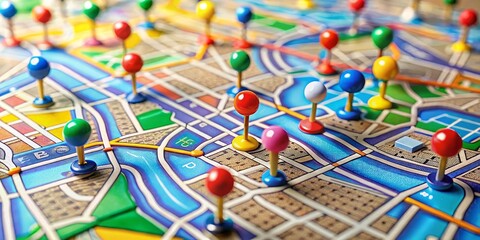 Fototapeta premium Colorful Pushpins on a City Map, Close Up, GPS Navigation, Location, Map, GPS, Travel