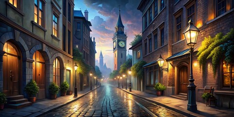 Fototapeta premium Cobblestone Street with Clock Tower at Dusk, Digital Painting, Architecture, Cityscape, Night, Urban, European