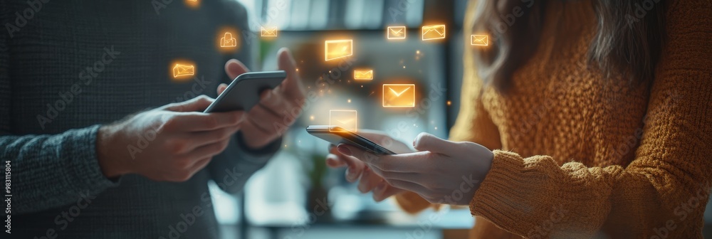 Poster casual evening setting with two people using smartphones, highlighting communication through digital