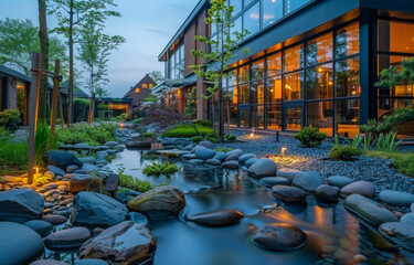 Fototapeta premium Twilight garden with tranquil water features. A tranquil garden at dusk with a reflective waterway, smooth stones, and softly lit plants around modern architecture.