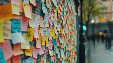 Colorful sticky notes on brick wall, message concept, urban sett