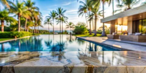 Fototapeta premium Elegant Close-Up of a Polished White Marble Table Edge with Brown and Gray Veins, Softly Reflecting Light Against a Blurred Tropical Background of Palm Trees and Pool, Evoking
