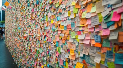 Obraz premium Colorful sticky notes wall with messages.