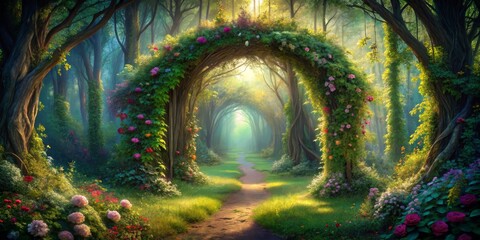 Enchanted Forest Path Symmetrical Archway of Whimsical Pink Flowers Leading to Light-filled Opening, Capturing Tranquility and Wonder