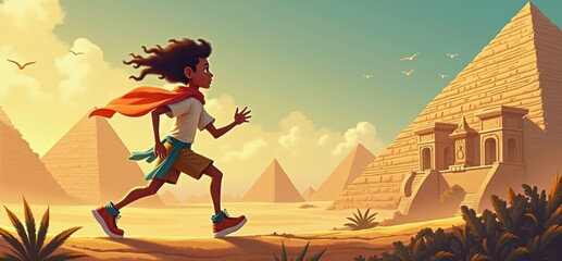 A dynamic animated scene of a child running near the pyramids, embodying adventure and exploration, perfect for educational or travel related content.