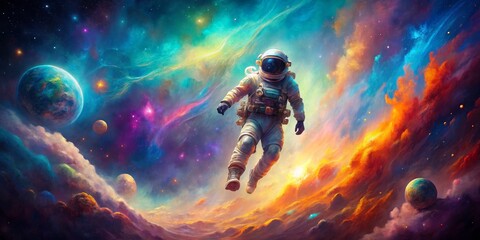 Fototapeta premium Exploration of Cosmic Beauty Lone Astronaut Amidst Nebulas and Stars, Reflecting Wonder and Majesty in Vast Space