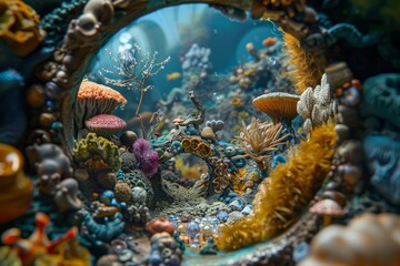 Fototapeta premium A vibrant underwater scene with colorful coral, fish, and seaweed viewed through a round window.
