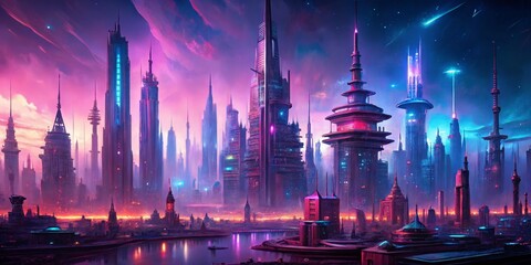 Fototapeta premium Futuristic Cityscape in Vibrant Neon Light Wide-Angle Shot of Towering Skyscrapers Against Deep Blue Sky with Cosmic Aurora Colors, Reflecting in Water, Exuding Awe and