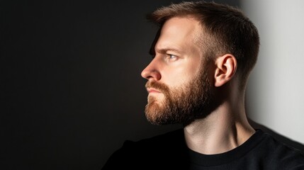 Obraz premium A man with a well-groomed beard looks thoughtfully into the distance, partially illuminated by a gentle light that contrasts with the surrounding darkness