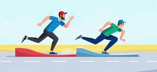 Two animated characters race on stylized paths, embodying competition and dynamic movement, perfect for sports, fitness, and motivation themed projects.