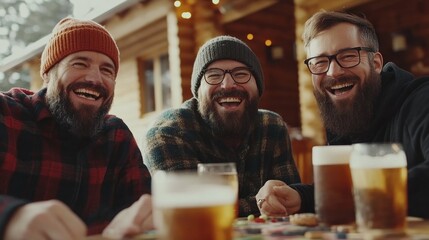 Three smiling friends share a joyful moment while enjoying craft beers at a cabin. The warm atmosphere and laughter highlight their camaraderie on a cold winter evening