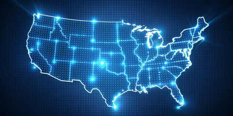 Glowing Neons and Digital Visions Illuminated US Map with Futuristic Network Grid - Embracing Connectivity in a Modern Era