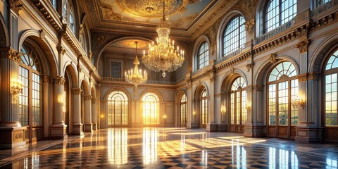Golden Palace Interior with Chandelier and Sunlight, Interior Design , Palace Architecture