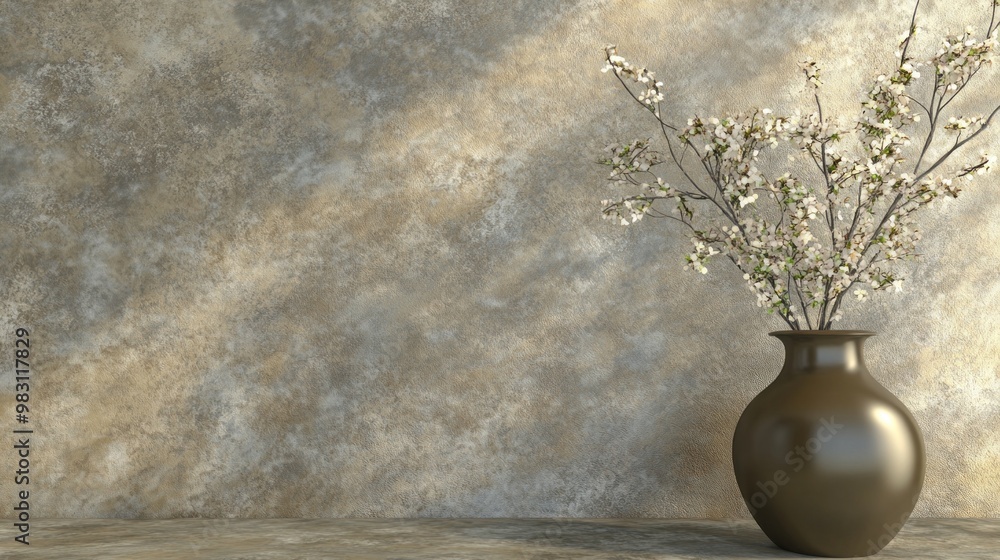 Poster a simple brown vase holds slender branches adorned with small blossoms. soft afternoon light enhance