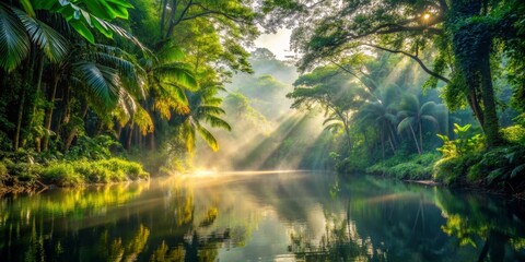 Fototapeta premium Golden Rays Piercing Through Tropical Jungle, Sunlight, River Reflection ,tropical, jungle, sunrise