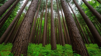 Obraz premium A dense forest features towering trees that stretch high into the sky, surrounded by a rich carpet of greenery. The overcast sky enhances the serene and peaceful setting