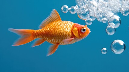 Fototapeta premium A goldfish is gliding through clear water, surrounded by a cluster of bubbles. The bright orange fish stands out beautifully against the blue backdrop of the aquarium