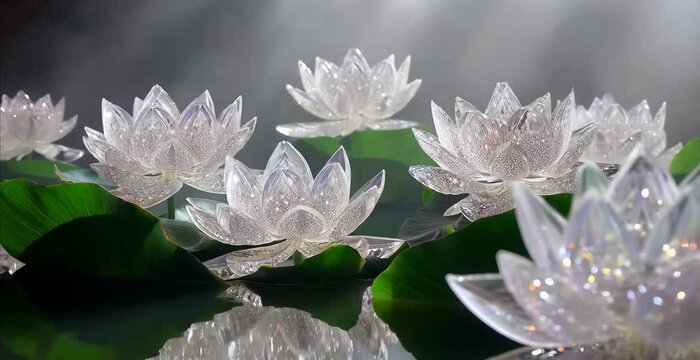 beautiful crystall white transparent shiny lotuses, in the fog, water lily flower in pond, video animated background, copy space