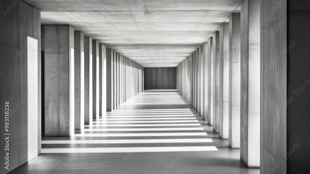 Poster natural light enters a long corridor lined with concrete columns, creating striking shadows that enh