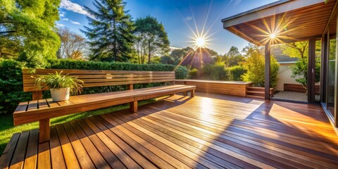 Inviting Wide-Angle Shot of a Light Brown Wooden Deck with Bench and Leafy Green Plant in White Pot, Surrounded by Lush Hedge Under a Sunburst Sky of Warm Afternoon Light