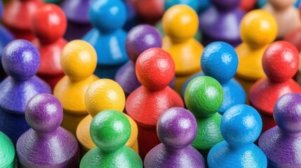 A collection of vibrant wooden game pieces in various colors fills the frame, symbolizing diversity and togetherness in a playful setting, inviting imagination and creativity