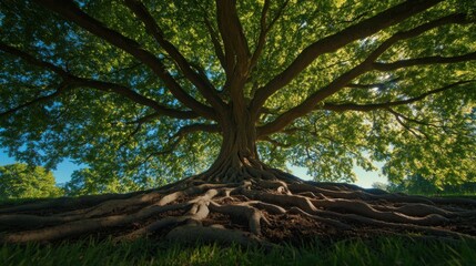 Obraz premium Beneath a sprawling canopy of leaves, the strong roots of a magnificent tree stretch across the ground, capturing sunlight in a serene park setting during the afternoon hours