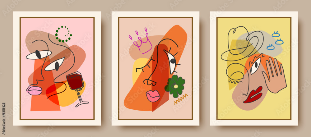 Poster colorful abstract background of faces. vector design of geometric shapes and lines in the cubist sty