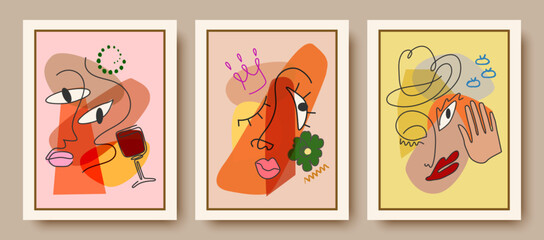 Colorful abstract background of faces. Vector design of geometric shapes and lines in the cubist style