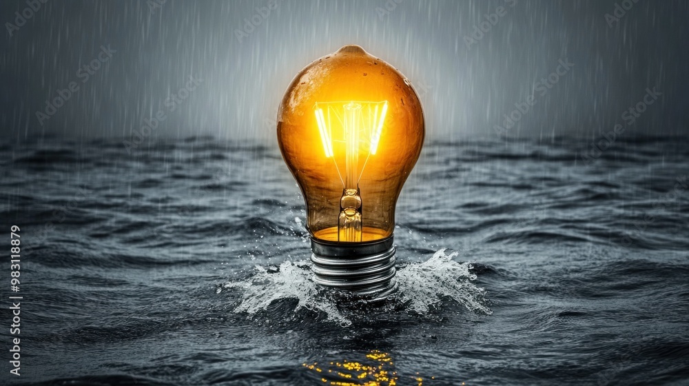 Poster a bright light bulb illuminates the water surrounding it while rain falls steadily, creating a calm 