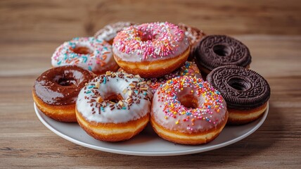 Fototapeta premium A delightful assortment of colorful and frosted donuts arranged on a plate, perfect for a sweet treat or dessert setting.
